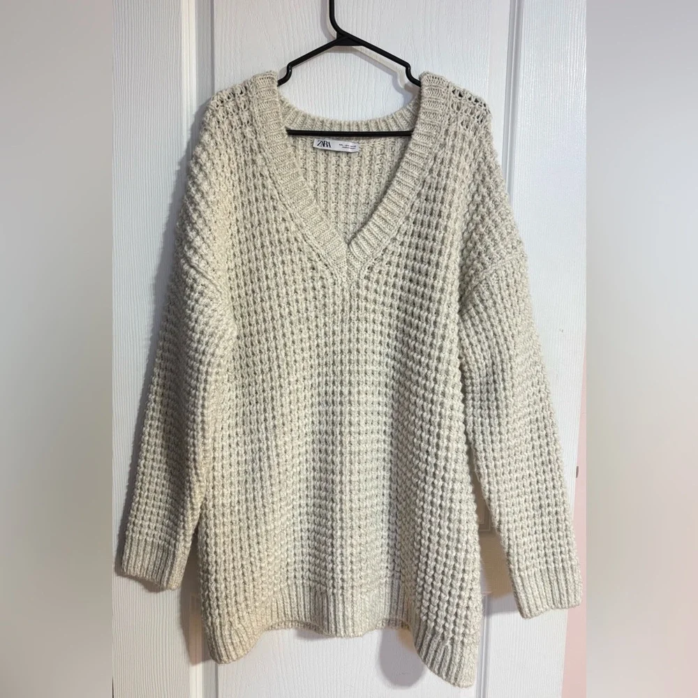 Zara Chunky Oversized Knit V-Neck Warm Cozy Soft Cream Sweater Size Large - Picture 7 of 12